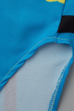 Blue Fashion Casual Print Slit Turndown Collar Shirt Dress