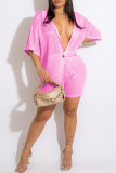 Pink Sexy Solid Hollowed Out Patchwork Buckle Turndown Collar Half Sleeve Two Pieces