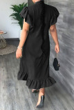 Black Casual Solid Patchwork Buckle O Neck Dresses