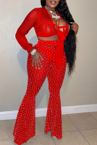 Red Fashion Sexy Patchwork Hot Drilling Bandage See-through V Neck Long Sleeve Three-piece Set
