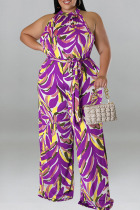 Purple Casual Vacation Print Bandage Patchwork O Neck Plus Size Jumpsuits