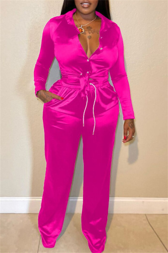 Rose Red Fashion Casual Solid Patchwork Turndown Collar Long Sleeve Two Pieces