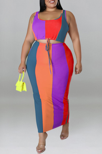 Grey Fashion Casual Striped Print Patchwork Contrast U Neck Plus Size Two Piece Set