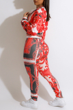 Red Fashion Casual Print Patchwork Zipper Collar Long Sleeve Two Pieces