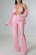 Pink Sexy Solid Patchwork Fold Turndown Collar Long Sleeve Three Pieces