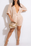 Khaki Sexy Solid Hollowed Out Patchwork Buckle Turndown Collar Half Sleeve Two Pieces