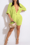 Green Yellow Sexy Solid Hollowed Out Patchwork Buckle Turndown Collar Half Sleeve Two Pieces
