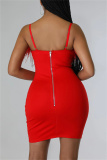 Red Fashion Sexy Patchwork Solid Feathers Backless Spaghetti Strap Sleeveless Dress