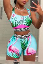 Blue Pink Sexy Casual Print Patchwork U Neck Sleeveless Two Pieces