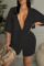 Black Sexy Solid Hollowed Out Patchwork Buckle Turndown Collar Half Sleeve Two Pieces