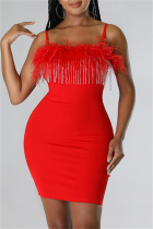 Red Fashion Sexy Patchwork Solid Feathers Backless Spaghetti Strap Sleeveless Dress