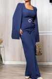 Deep Blue Elegant Solid Patchwork Beading Square Collar Straight Jumpsuits