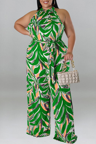 Green Casual Vacation Print Bandage Patchwork O Neck Plus Size Jumpsuits
