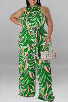 Green Casual Vacation Print Bandage Patchwork O Neck Plus Size Jumpsuits
