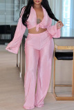 Pink Sexy Solid Patchwork Fold Turndown Collar Long Sleeve Three Pieces