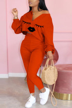 tangerine Sexy Print Lips Print pencil Long Sleeve Two Pieces
