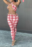 Pink Sexy Plaid Patchwork Halter Sleeveless Two Pieces