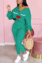Cyan Sexy Print Lips Print pencil Long Sleeve Two Pieces