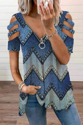 Baby Blue Casual Print Hollowed Out Patchwork Zipper V Neck T-Shirts