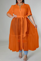 Tangerine Red Casual Solid Patchwork Buckle Turndown Collar Plus Size Dresses