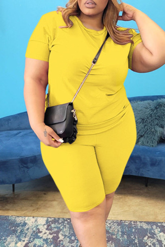 Yellow Casual Solid Patchwork O Neck Plus Size Two Pieces