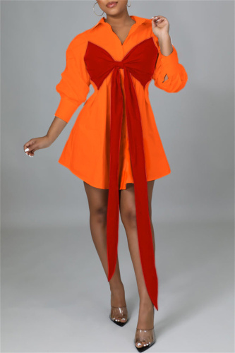 Tangerine Red Fashion Casual Solid Metal Accessories Decoration With Bow Turndown Collar Shirt Dress Dresses