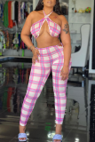 Pink Sexy Plaid Patchwork Halter Sleeveless Two Pieces