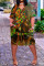 Army Green Fashion Casual Print Patchwork V Neck Short Sleeve Dress Dresses