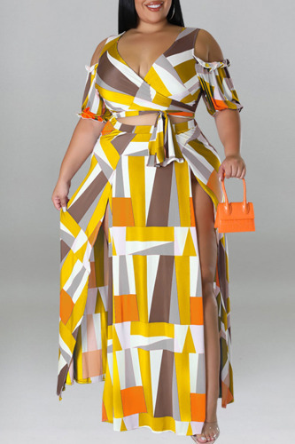 Yellow Sexy Print Bandage Patchwork V Neck Plus Size Two Pieces