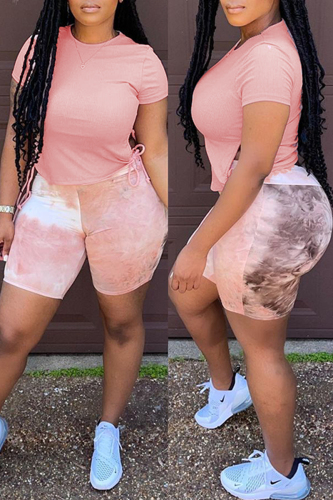 Pink Fashion Casual Print Bandage Patchwork O Neck Short Sleeve Two Pieces