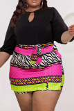 Fluorescent Pink Casual Print Hollowed Out O Neck Long Sleeve Two Pieces