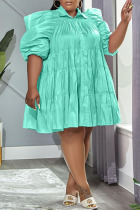 Lake Green Casual Sweet Solid Patchwork Buckle Turndown Collar A Line Plus Size Dresses