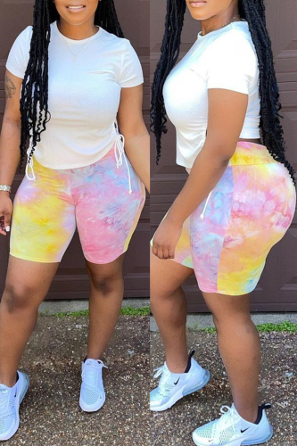 Yellow Fashion Casual Print Bandage Patchwork O Neck Short Sleeve Two Pieces