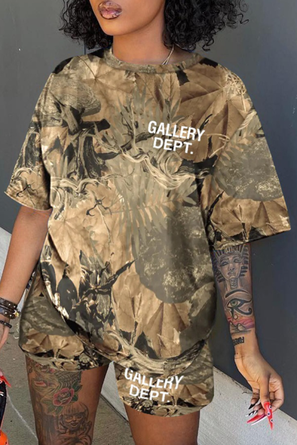 Camouflage Casual Camouflage Print Patchwork O Neck Plus Size Two Pieces