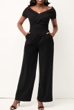 Brown Casual Solid Patchwork V Neck Straight Jumpsuits