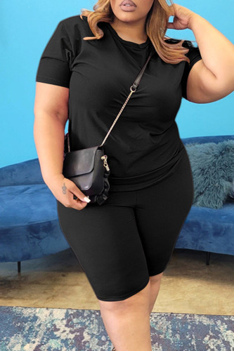 Black Casual Solid Patchwork O Neck Plus Size Two Pieces