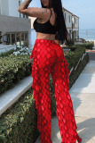 Red Sexy Print Patchwork Flounce Straight High Waist Straight Full Print Bottoms