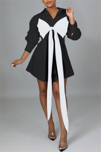 Black Fashion Casual Solid Metal Accessories Decoration With Bow Turndown Collar Shirt Dress Dresses