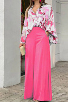 Pink Fashion Casual Print Patchwork Buckle Turndown Collar Long Sleeve Two Pieces
