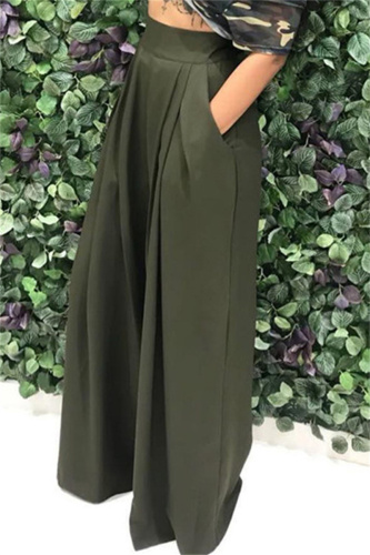 Army Green Fashion Casual Solid Patchwork Regular High Waist Conventional Solid Color Bottoms