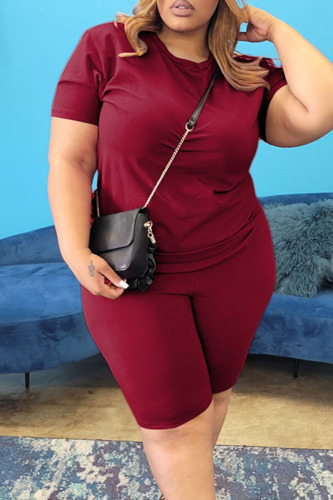Burgundy Casual Solid Patchwork O Neck Plus Size Two Pieces