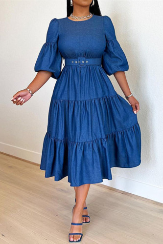 Blue Fashion Casual Solid Patchwork O Neck Dresses