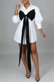 Black Red Fashion Casual Solid Metal Accessories Decoration With Bow Turndown Collar Shirt Dress Dresses
