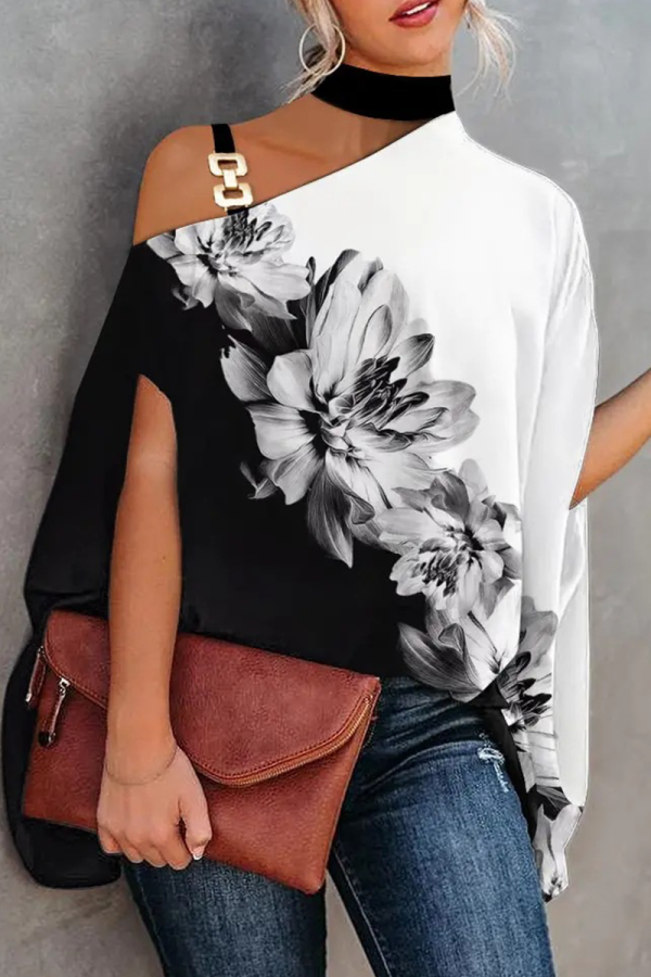 Black White Fashion Print Patchwork One Shoulder Tops