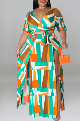 Cyan Sexy Print Bandage Patchwork V Neck Plus Size Two Pieces