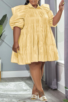 Yellow Casual Sweet Solid Patchwork Buckle Turndown Collar A Line Plus Size Dresses