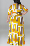 Yellow Sexy Print Bandage Patchwork V Neck Plus Size Two Pieces