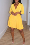 Yellow Casual Solid Patchwork Buckle Turndown Collar A Line Dresses