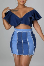 Blue Fashion Casual Patchwork Basic High Waist Skinny Denim Skirts