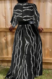 Black Fashion Casual Print Patchwork O Neck Loose Jumpsuits(Without Belt)